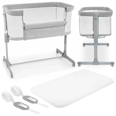 Image of Moby System LUNA 3 in 1 Baby Bed Adjustable Bedside Bassinet &amp; Travel Cot with 7 Height Levels Essential Newborn Crib Breathable Mesh, Wheels Removable Side Panel Suitable up to 9kg