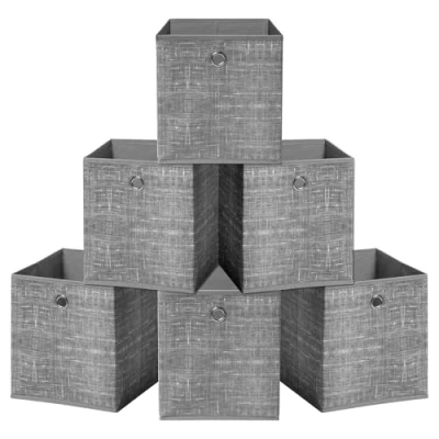 Image of HEFTMAN Foldable Storage Cube Boxes Set of 6 Grey Fabric with Grommet Handle, Space Saving for Clothes, Toys, Books Organisation (33 x 33 cm Grey)
