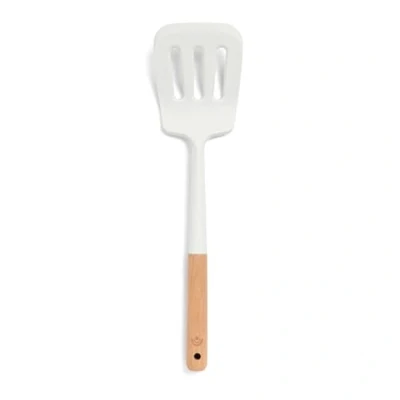 Image of Yum Asia Premium Turner Spatula with Beech Wood Handle and Silicone (Ice White, Slotted Spatula)