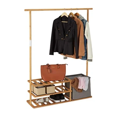 Image of Bamboo Coat Rack, Open Clothes Stand with Garment Rail, Shelves &amp; Box, hwd 154 x 124 33 cm, Natural Relaxdays