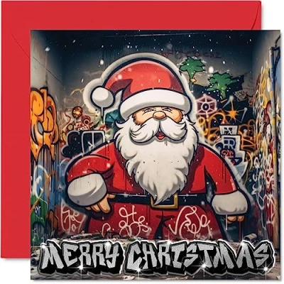 Image of Christmas Cards for Women Men Graffiti Santa Merry Xmas Card Mum Dad Sister Brother Cousin Uncle Auntie Best Friend, 145mm x Single Greeting Gift