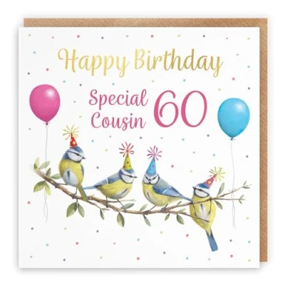 Image of Hunts England 60th Female Cousin Blue Tits Birthday Card Luxury Gold Foil Milo&#039;s Gallery Age 60 Funny For Year Old Sixty Her
