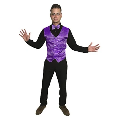 Image of Purple Sequin Waistcoat &amp; Bow Tie Showbiz Show business Mens Fancy Dress Costume