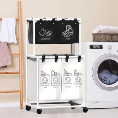 Image of Laundry Basket, Sorting Basket 4 Sections For Dirty Clothes, Rolling With Large Capacity, Removable Bags Storage