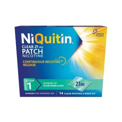 Image of NiQuitin 21 mg Nicotine Patch Step 1 Stop Smoking Aid Therapy 14 Clear Patches for 2 Weeks Treatment 24h Craving Control Invisible