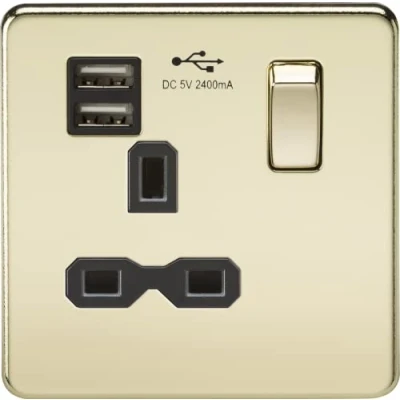 Image of KnightsBridge Screwless 13A 1G switched socket with dual USB charger (2.4A) polished brass black insert