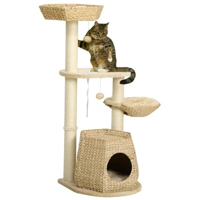 Image of PawHut Cat Tree Activity Centre with Cattail Fluff Bed House Sisal Post Ball