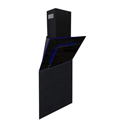 Image of SIA AGE71BL 70cm Black Angled 3 Colour Edge Lit Kitchen Cooker Hood Chimney Extractor Fan &amp; SP70BL Toughened Glass Splashback x 75cm