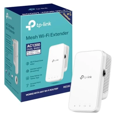 Image of TP Link RE330 AC1200Mbps WiFi Extender Booster, Ethernet Port, EasyMesh, Booster Range Extender, Internet Access Point, Works with Any Router, App Control Easy Setup, UK Plug