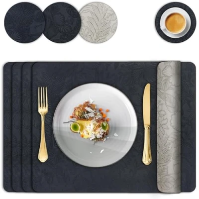 Image of Placemats and Coaster Sets 4, Leather Floral Dining Table Mats 33x43 cm Waterproof Dual Sided Two Color Kitchen Place Heat Resistant Non Slip Washable Coffee Mat for Restaurant Hotel (Black Grey)