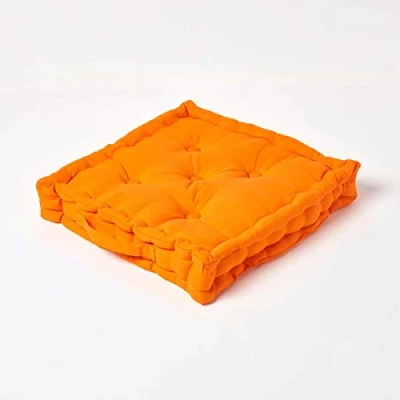 Image of HOMESCAPES Plain Orange 100% Cotton Floor Cushion Bright 40 x 8 cm Square Indoor Garden Dining Chair Booster Seat Pad