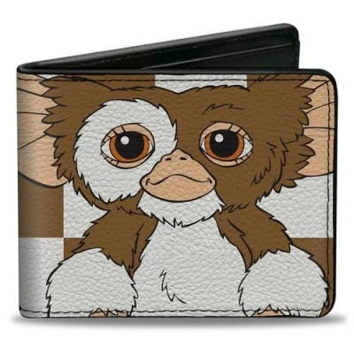 Image of Horror Movies Wallet, Bifold, The Gremlins Gizmo Pose Checker Brown White, Vegan Leather, Brown, 4.0&quot; x 3.5&quot;, Casual