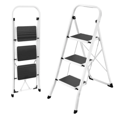 Image of HBTower Step Ladder, Stool with Non Slip Pedal, Portable Robust Ladder Handrails, Perfect for Kitchen and Household, 150 kg Capacity (White, 3 Steps)