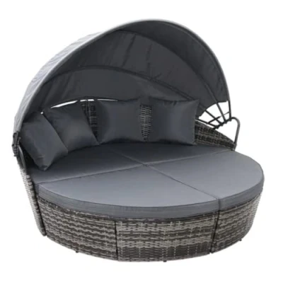 Image of EVRE Bali Mixed Grey 3 Piece Modular Round Rattan Wicker Patio Garden Furniture Daybed Sun Lounger Set with Extendable Canopy and Conversation Seat Cushions