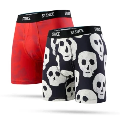 Image of Stance Lino 2 Pack Boxer Briefs Mens Black Red Skull Patterned Underwear Shorts Medium