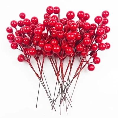 Image of 24 Sticks Christmas Holly Berries Branches，Artificial for Wreath Decorations Making Supplies Party Decoration，DIY Crafts,Home Decor (24 artificial red berry stems)
