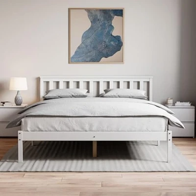 Image of Vida Designs Milan King Size Bed, 5ft, Bed Frame, Solid Pine Wood, Headboard, Low Foot End, Bedroom Furniture, White