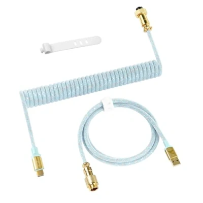 Image of ATTACK SHARK C03 Coiled USB C Cable for Gaming Keyboard, Type to A, PRO Custom Braided Double sleeved Mechanical Keyboard Charger with Gold plate Detachable Aviator Connector, Sky Blue