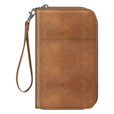 Image of FINTIE Passport Holder Travel Wallet for Family, RFID Blocking Document Organizer Clutch Bag Passports, Business Cards, Credit Boarding Passes, Brown