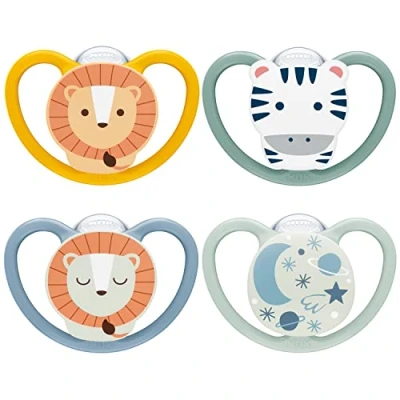 Image of NUK Space Day &amp; Night Baby Dummy 18 36 Months Glow in the Dark Soothers with Extra Ventilation for Sensitive Skin BPA Free Silicone Zebra Lion 4 Count
