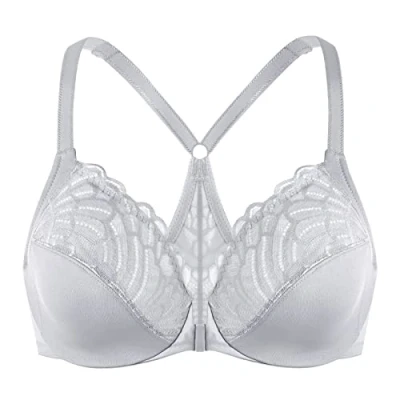 Image of MELENECA Women&#039;s Front Fastening Racerback Plus Size Stretch Lace Underwire Unlined Bras Grey 48G