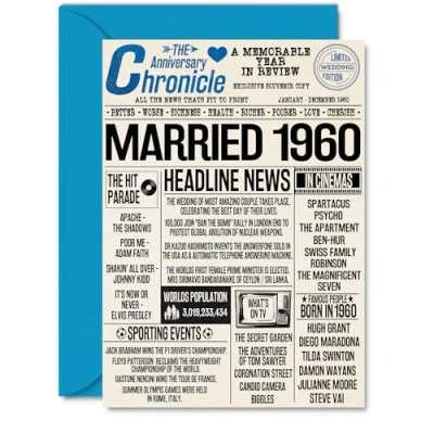 Image of 65th Anniversary Cards for Men Women Married 1960 Newspaper Happy 65 Wedding Card Husband Wife Grandma Grandad Nan Vintage Retro 1960, A5 Greeting