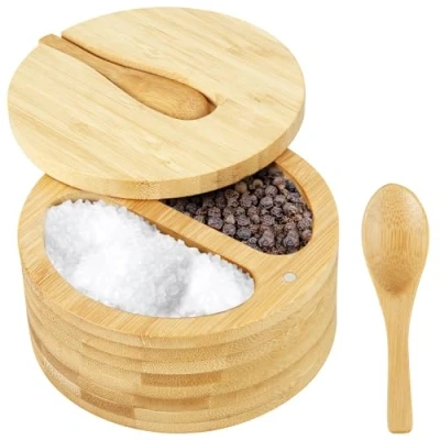 Image of Foribyw Salt and Pepper Bowls Bamboo Cellar with Swivel Lid &amp; Mini Spoon 2 Compartments Storage Box Multipurpose Seasoning Container for Spice (1PCS)
