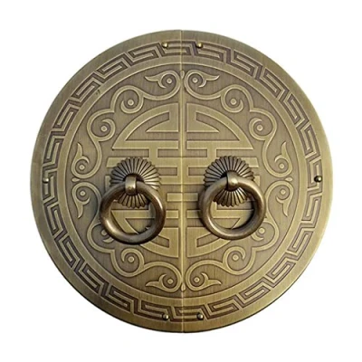 Image of Tiazza A Pair Antique Brass Round Plate Pulls Handle Shoe Cabinet Wardrobe Cupboard Pure Copper Vintage Double Door Ring Pull (Bronze Tone)