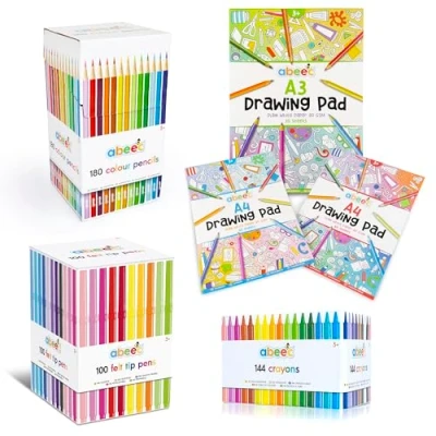 Image of abeec Ultimate Kids&#039; Art Bundle 100 Felt Tip Pens, 144 Wax Crayons, 180 Colouring Pencils, 3 Pack Drawing Paper (2X A4, 1x A3) Complete Creative Set for Children’s Arts &amp; Crafts