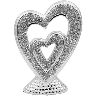 Image of DEENZ Crushed Diamond Crystal Sculpture Silver Sparkle Double Heart Ornament 17X6X23 Cm