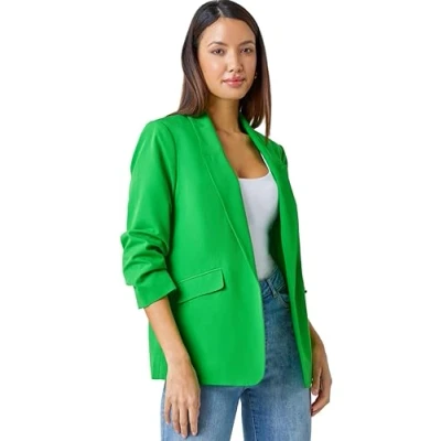Image of Roman Originals Ruched Sleeve Stretch Blazer for Women UK Ladies Everyday Holiday Spring Summer Edge to Opening Comfy Soft Evening Vacation Work Party Green Size 12