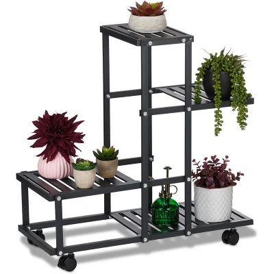 Image of Relaxdays Flower Stand on Wheels, HxWxD: 60.5 x 61.5 26 cm, Metal, 4 Tiered Shelves, Indoor Plant Pot Display, Black, Steel