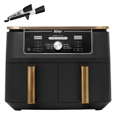 Image of Ninja Foodi Max Dual Zone Air Fryer, Amazon Exclusive, Tongs, 2 Drawers, 9.5L, 6 in 1, Use No Oil, Fry, Crisp, Roast, Bake, 8 Portions, Nonstick Dishwasher Safe Baskets, Copper/Black AF400UKCP