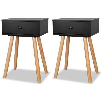 Image of vidaXL Bedside Tables Set of 2, Black Solid Pinewood Nightstands with Drawer Compact Retro Design Ideal for Bedroom/Living Room/Home Office