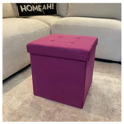 Image of Home Luxe Luxurious Foldable Purple Square Brushed Velvet Storage Box Seat Ottoman