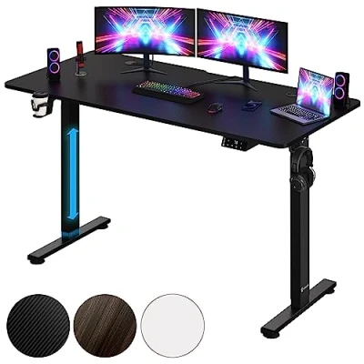 Image of CASARIA® Carbon Fibre Look Motorised Sit Stand Desk Height Adjustable 73 118cm 140x60cm Desktop LCD Display Standing Home Office Gaming Computer Table Headset, Drink Holder