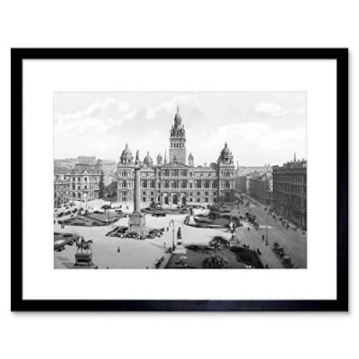 Image of Wee Blue Coo Glasgow George Square Scotland Vintage History Old BW Framed Wall Art Print