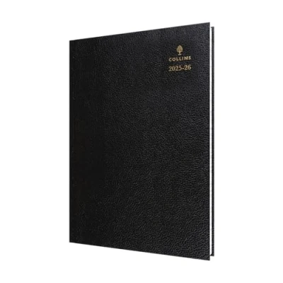 Image of Collins &#039;Desk&#039; 12 Month Mid/Academic Year Planner, August 2025 2026 Day to Page Appointments Diary, A4 Hard Cover, Black