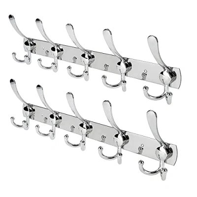 Image of Oypla Pack of 2 Stainless Steel 15 Hook Wall Mounted Organiser Rack Coat Towel Hanger