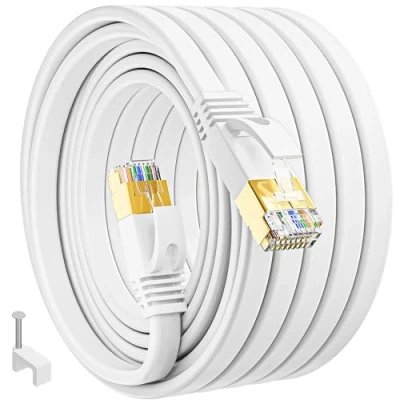 Image of Ethernet Cable 40m, Cat 7 High Speed Flat Internet 40 Meters, Long Network White 10Gbps 600MHz Rj45 Cable, Shielded LAN Patch for Modem Router