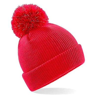 Image of Beechfield Children&#039;s Winter Hat Junior Reflective Bobble Beanie Red One Size
