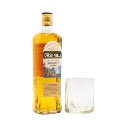Image of Bushmills Branded Glass &amp; Caribbean Rum Cask Finish Whiskey