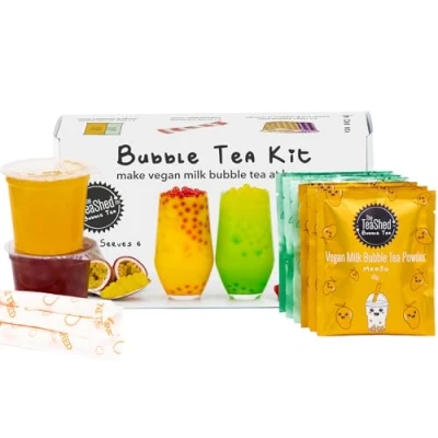 Image of Vegan Milk Bubble Tea Kit Gift Set 6 Servings includes Mango and Melon powders, Passion Fruit Raspberry Popping Boba Paper Straws By The TeaShed