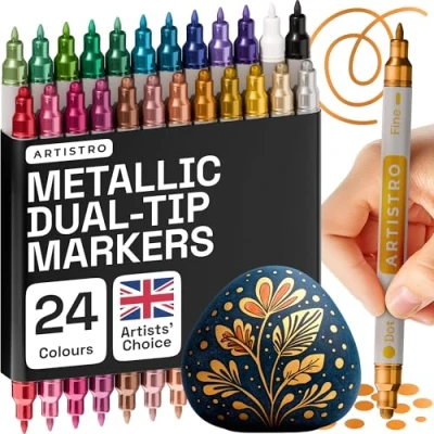 Image of ARTISTRO 24 Colors Acrylic Paint Pens, Markers Dual Tip (Fine 1mm + Dot 5mm), Fabric for Textile, Canvas, Rock, Glass, Wood, Paper, DIY, Kids and Adults