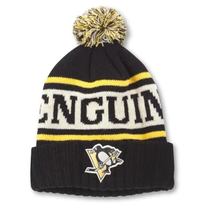 Image of AMERICAN NEEDLE NHL National Hockey League Team Pillow Line Knit Beanie Cap, Pittsburgh Penguins (Black/Ivory/Gold), One size