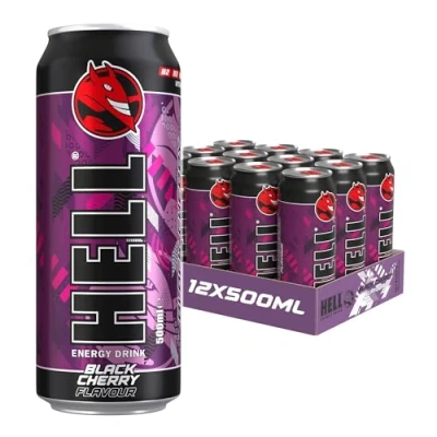 Image of HELL Energy Drink Black Cherry Flavour 12 x 500ml Cans Multipack 32mg/100ml Caffeine Contains Vitamins B2 B3 B5 B6 B12 Preservative Free Vegan Reduce Fatigue