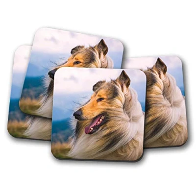Image of 4 Set Beautiful Rough Collie Coaster Sheep Dog Puppy Farm #8615