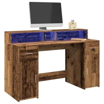 Image of vidaXL Desk with RGB LED Lights Writing/Work/Gaming, Old Wood, Multiple Storage Options, Engineered 140 x 55 91 cm