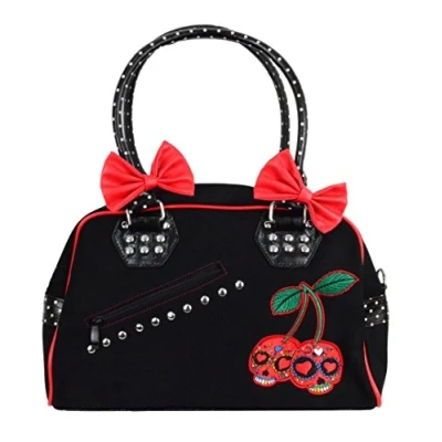Image of BANNED BLACK RED SUGAR SKULL CHERRY BOMB HANDBAG BAG TATTOO ROCKABILLY BEDLAM