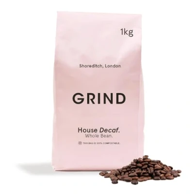 Image of Grind Decaf House Blend Coffee Beans 1kg Bag of Whole Medium Roast Suitable for All Machines 100% Arabica